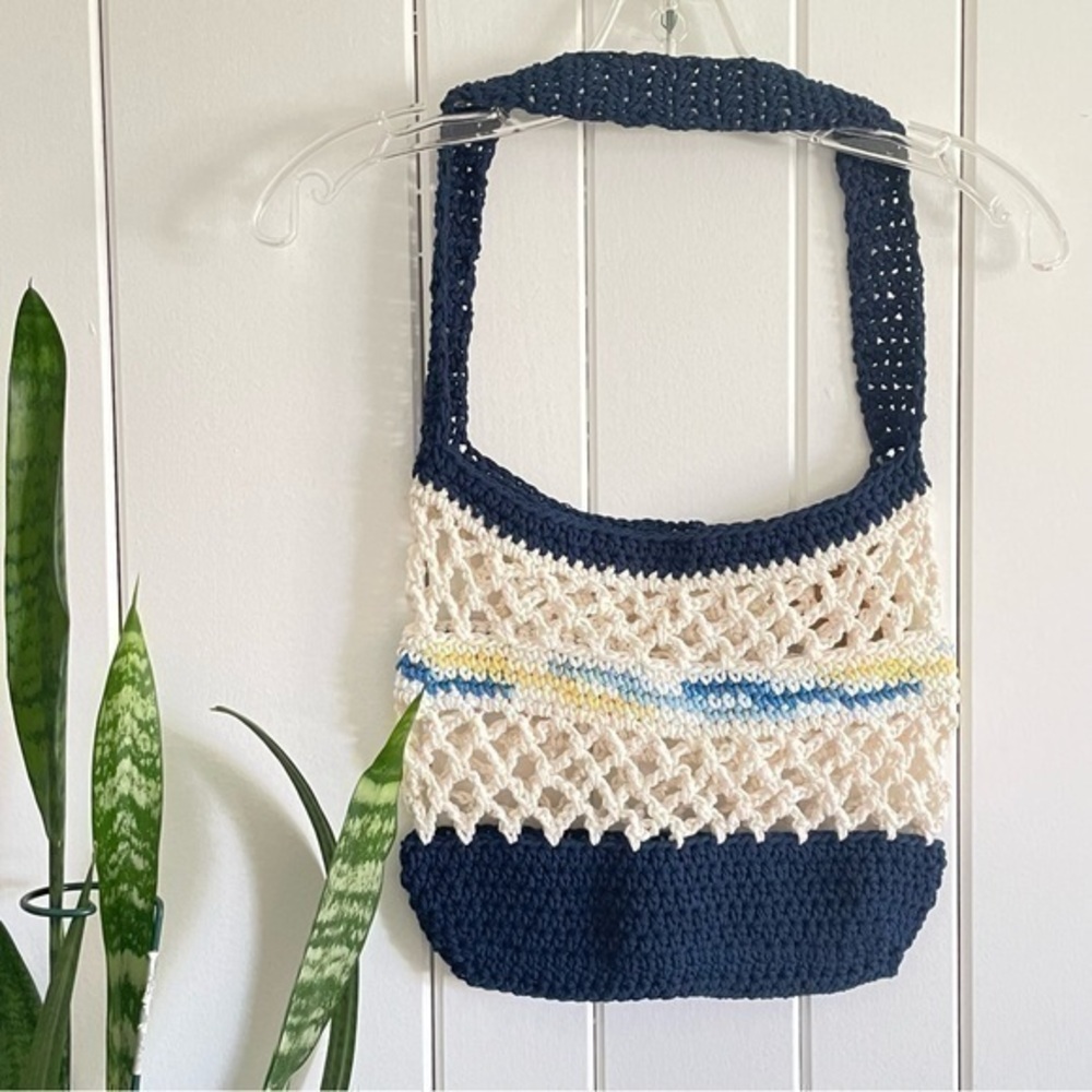 $49 SALE Handmade Crochet Blue Cream Tote Bag Purse Reusable Everyday Shoulder